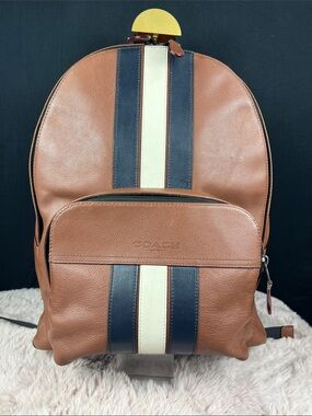 Coach Houston Varsity Stripe Men’s Pebbled Leather Laptop Backpack F49324 EUC